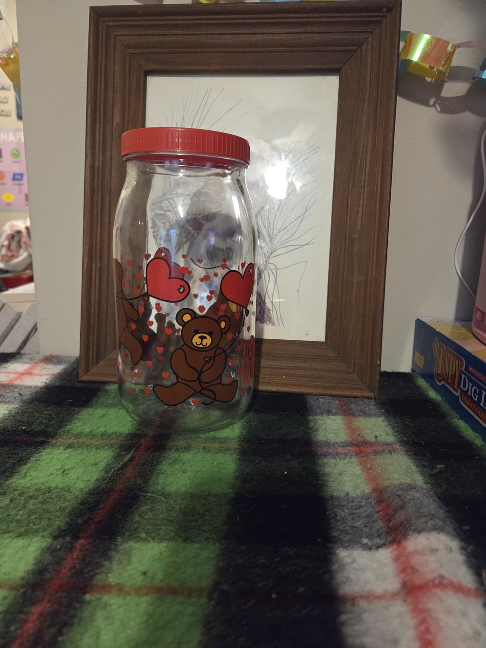 Cute Teddy Heart Glass Jar with Red Lid Vintage V.M.C Reims Made in France Bears